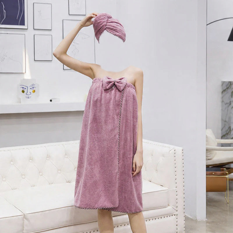 Women’s Coral Fleece Bath Skirt & Hair Drying Cap Set