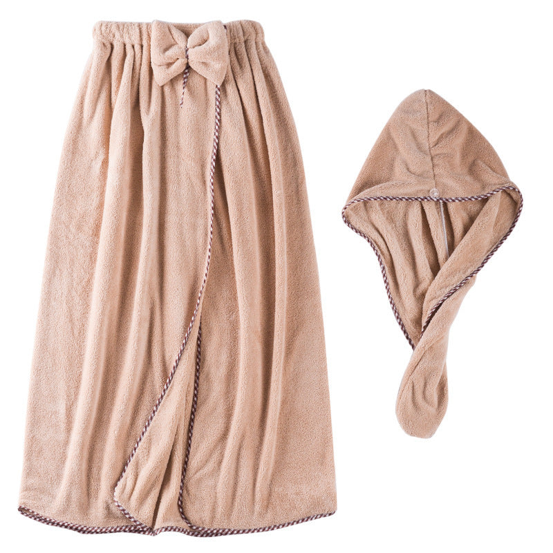 Women’s Coral Fleece Bath Skirt &amp; Hair Drying Cap Set