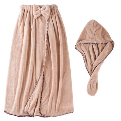 Women’s Coral Fleece Bath Skirt &amp; Hair Drying Cap Set