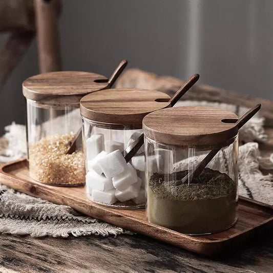 Glass Spice Jar Set with Wooden Lids